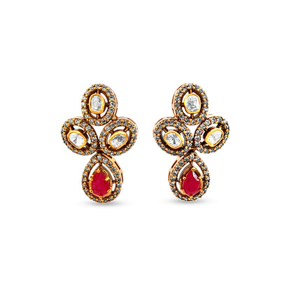 Jiyara's Graceful 925 Silver Kundan Earrings with Red Stone Drop