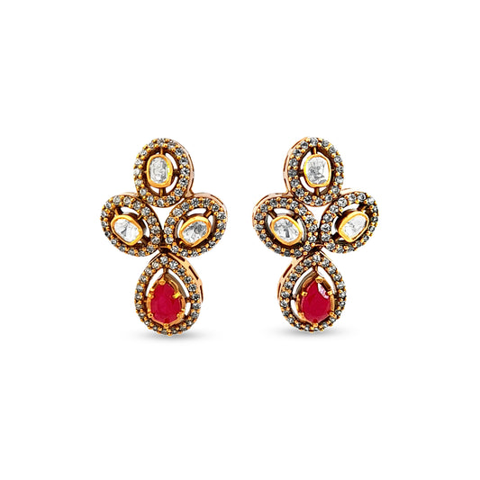 925 Silver Kundan Earrings with Red Stone Drop
