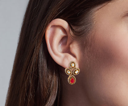 925 Silver Kundan Earrings with Red Stone Drop