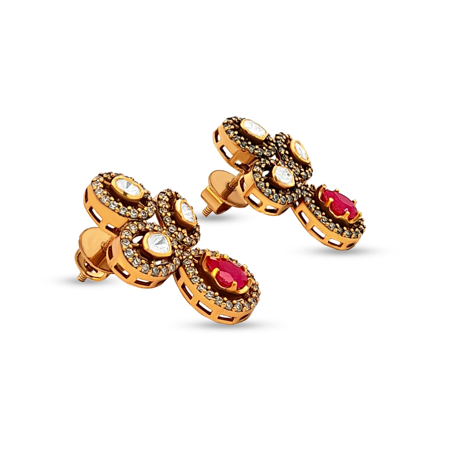 Jiyara's Graceful 925 Silver Kundan Earrings with Red Stone Drop
