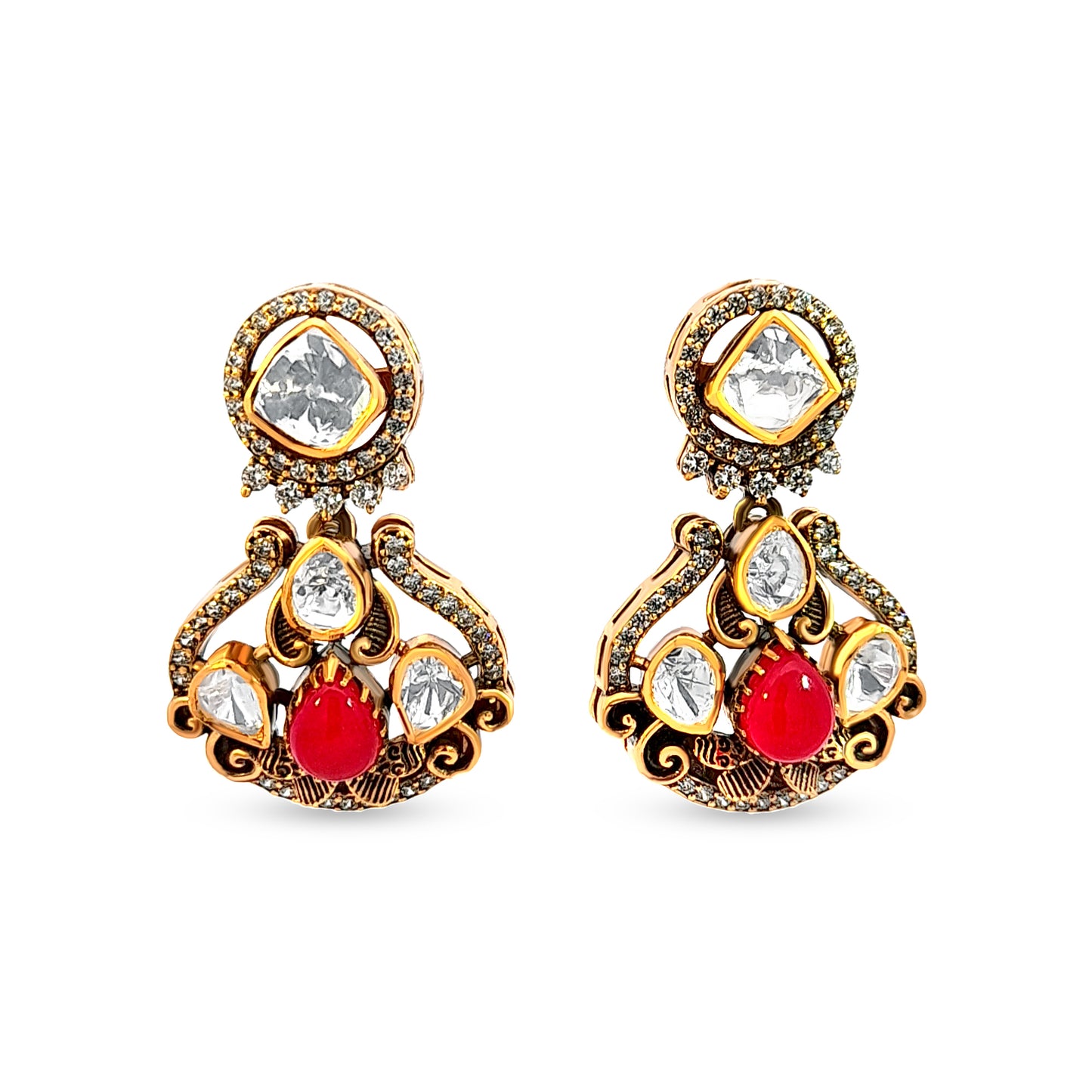 Anaya's Bold 925 Silver Kundan Earrings with Red Stone