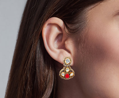 925 Silver Kundan Earrings with Red Stone