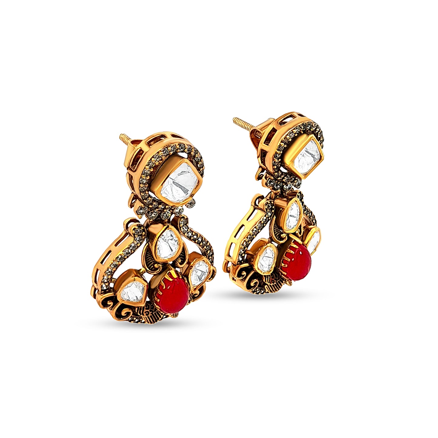 Anaya's Bold 925 Silver Kundan Earrings with Red Stone