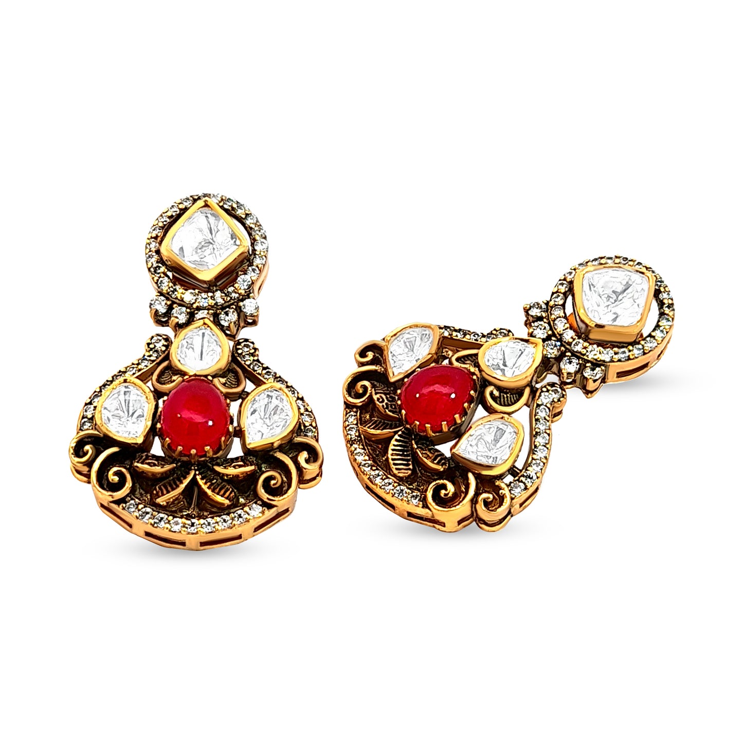 Anaya's Bold 925 Silver Kundan Earrings with Red Stone
