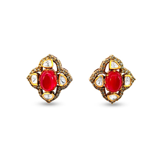 925 Silver Kundan Earrings with Oval Red Stone