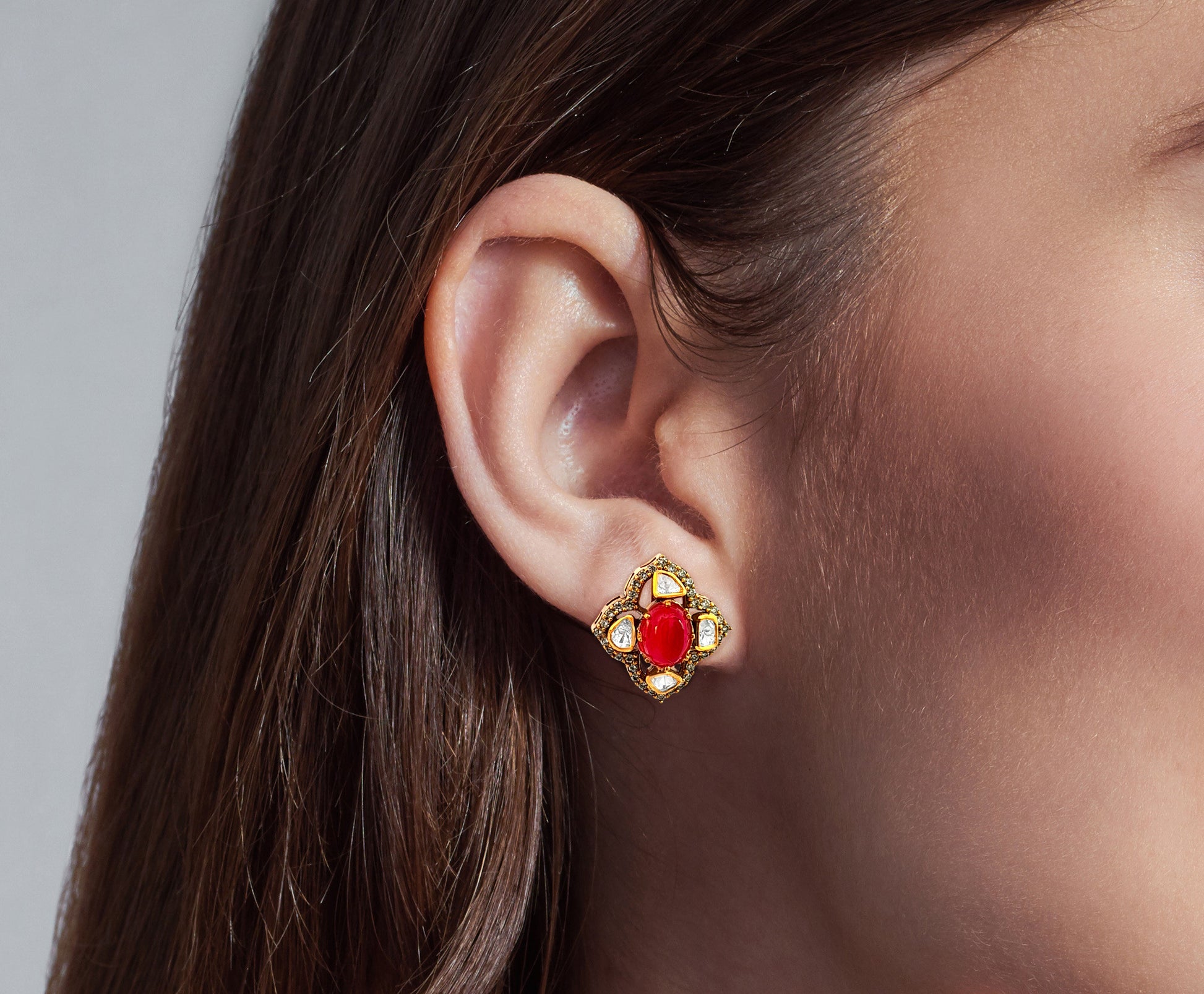 925 Silver Kundan Earrings with Oval Red Stone