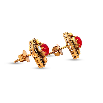 925 Silver Kundan Earrings with Oval Red Stone