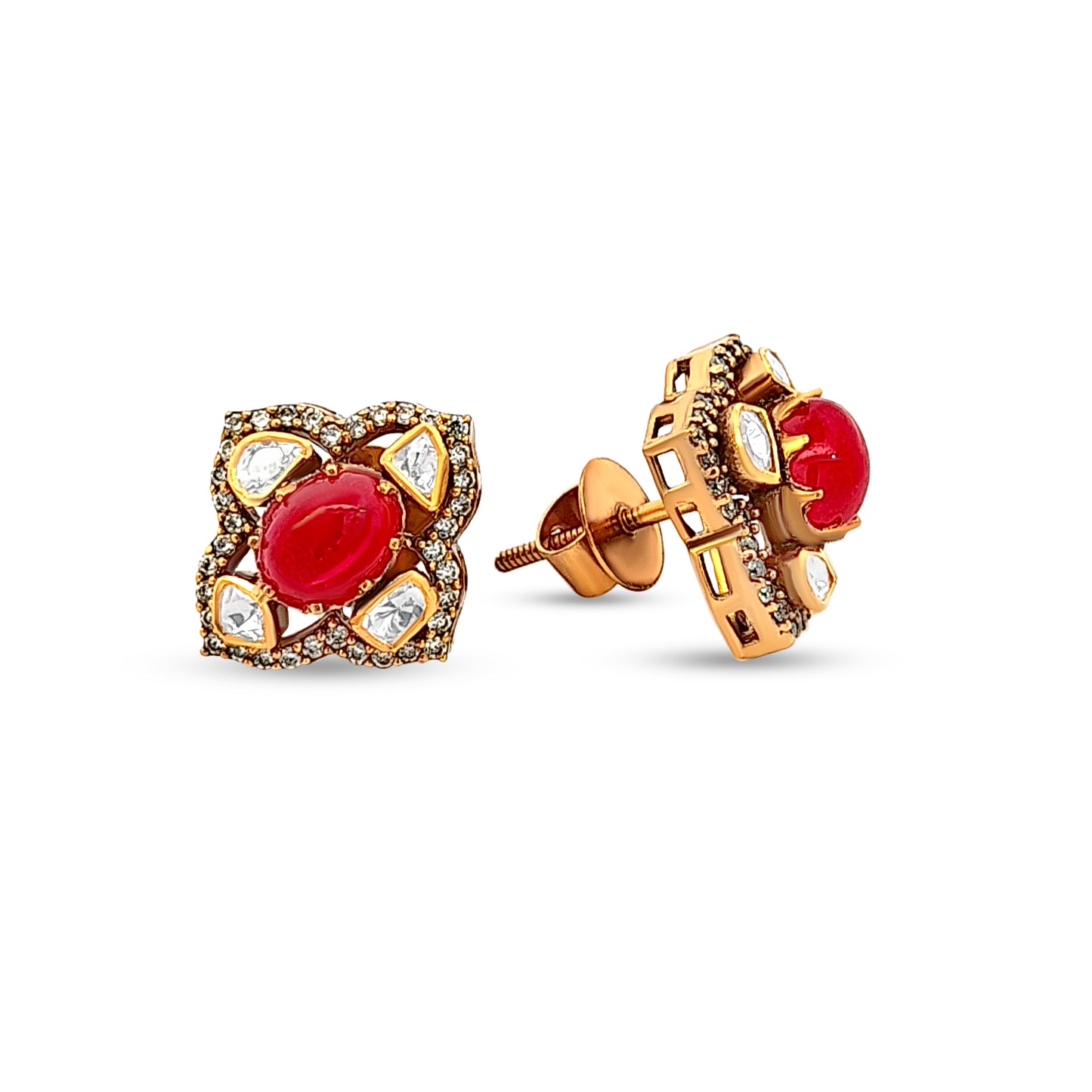 925 Silver Kundan Earrings with Oval Red Stone