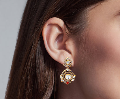 Classic Rajputi Style 925 Silver Kundan Dangle Earrings