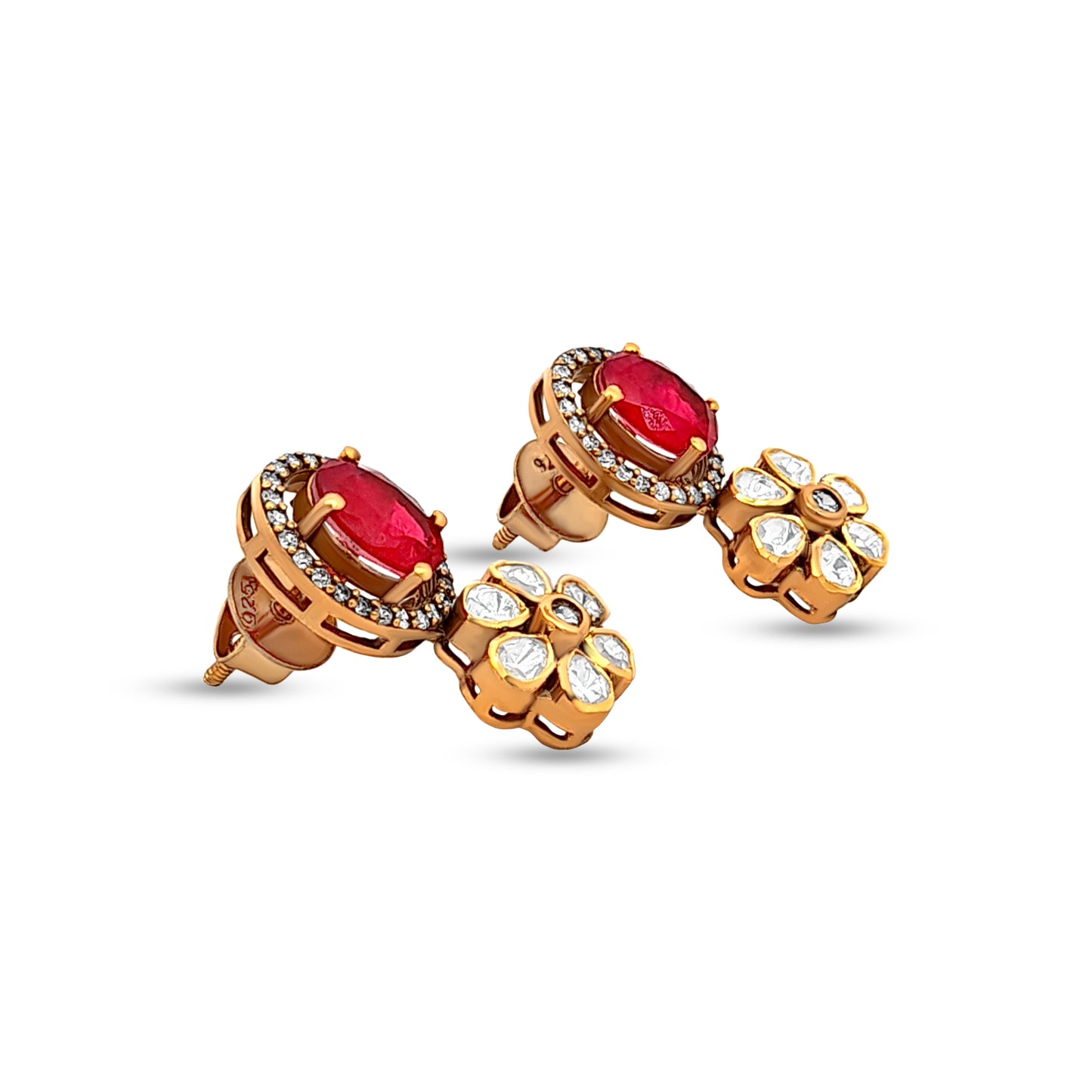 Radiant Red 925 Silver Kundan Floral Earrings
