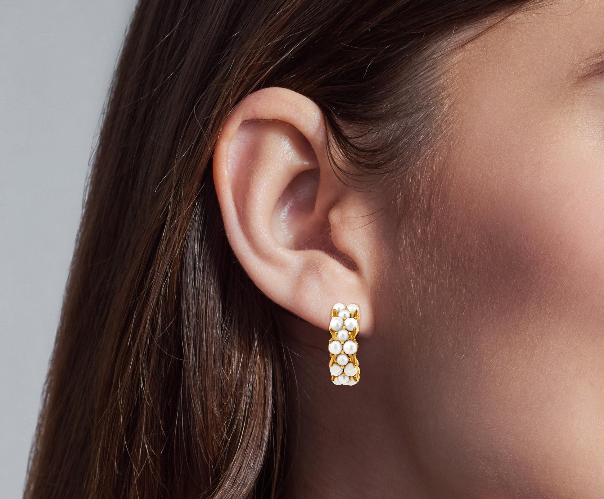 Gold Over 925 Silver J Hoop Earrings with Pearl-Like Stones