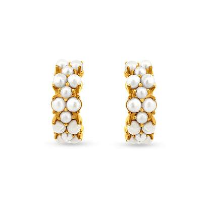 Gold Over 925 Silver J Hoop Earrings with Pearl-Like Stones