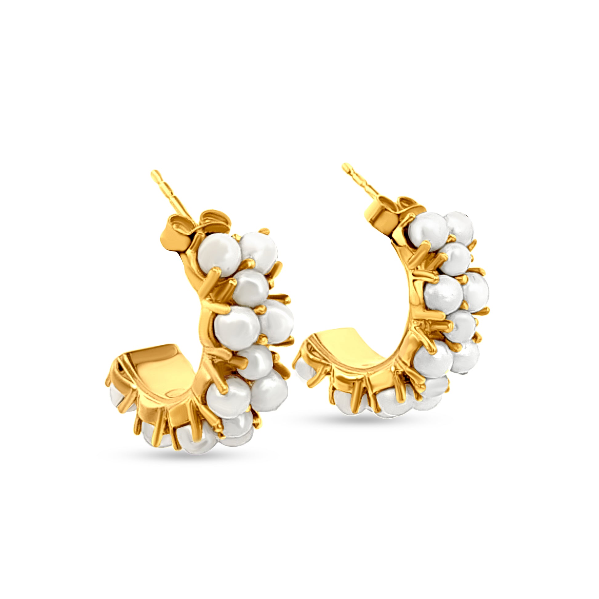 Gold Over 925 Silver J Hoop Earrings with Pearl-Like Stones