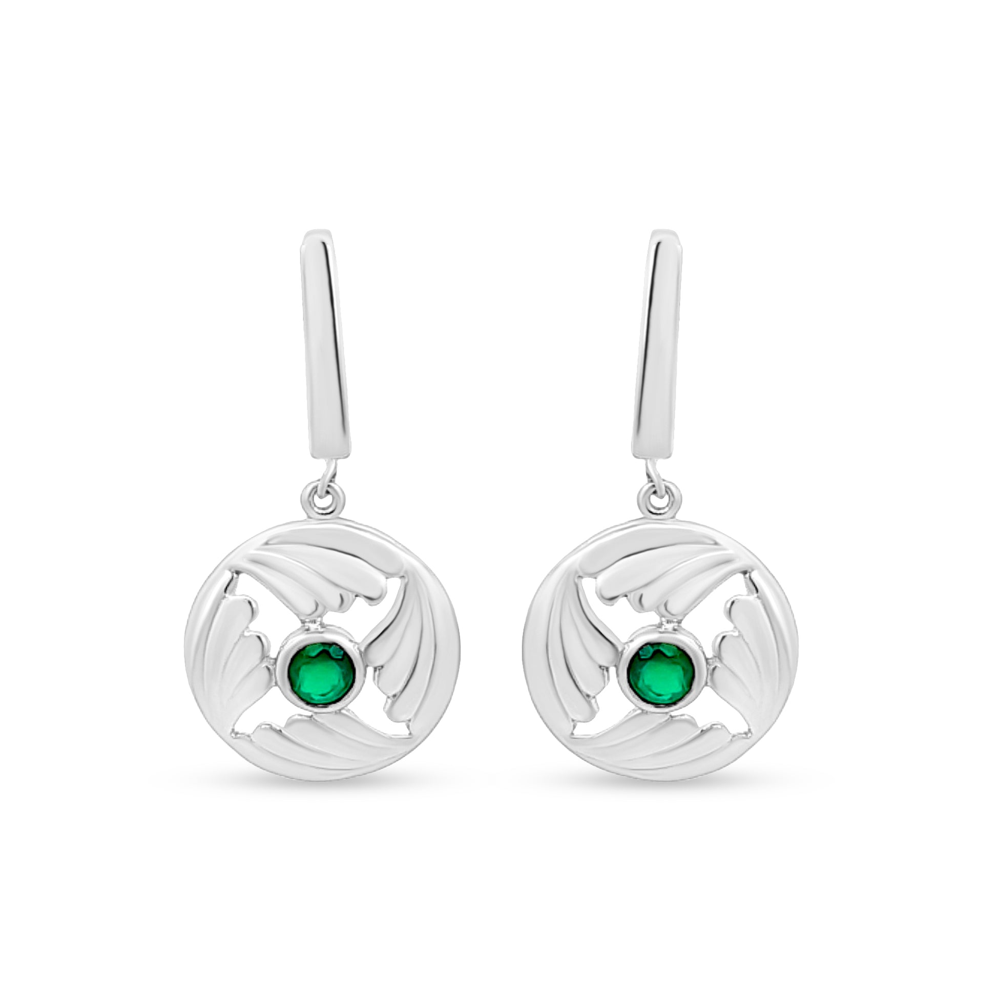 Sterling Silver Drop Earrings with Green Stone in Center