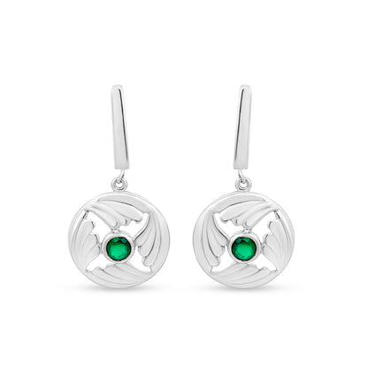 Sterling Silver Drop Earrings with Green Stone in Center