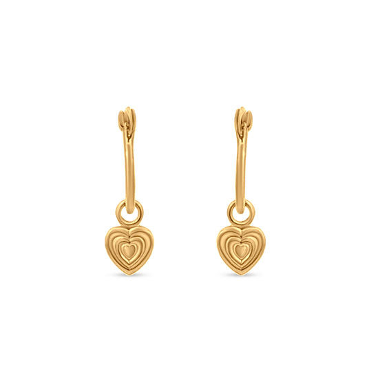 Huggie Hoop Earrings with Dangling Heart Charm in Sterling Silver