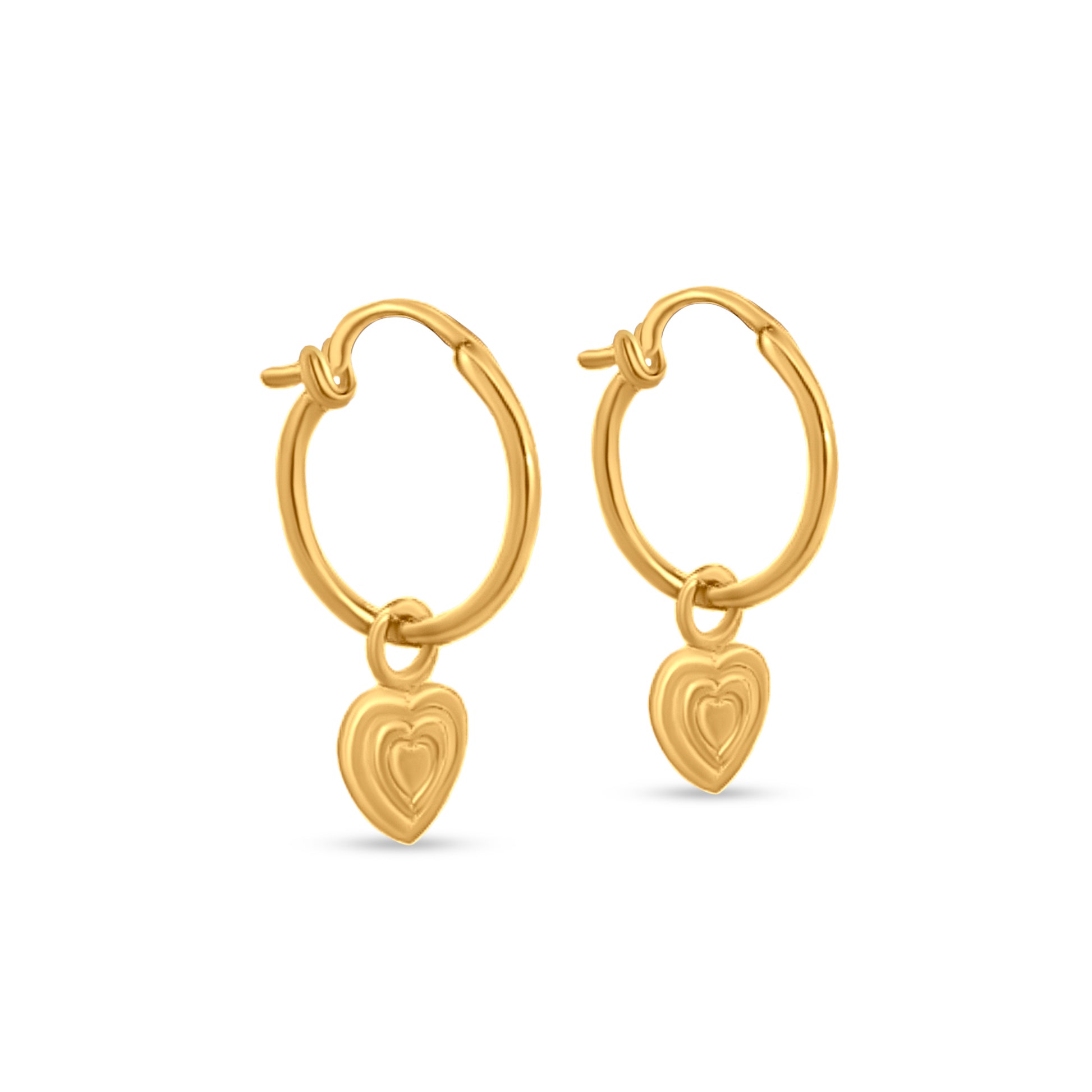 Huggie Hoop Earrings with Dangling Heart Charm in Sterling Silver