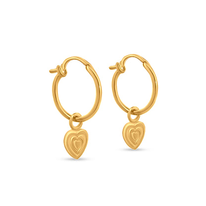 Huggie Hoop Earrings with Dangling Heart Charm in Sterling Silver