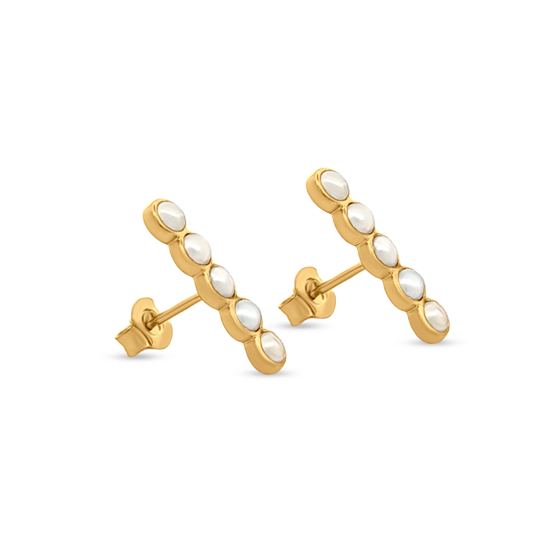 925 Silver Single Line Pearl Earrings in Yellow Gold Tone