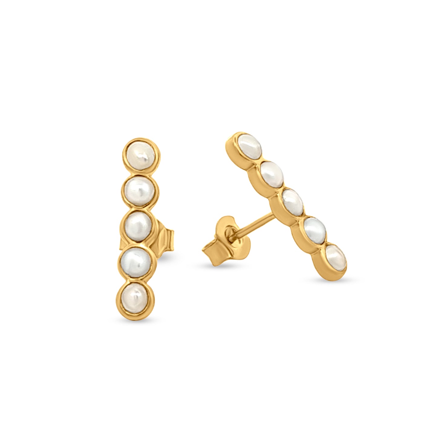 925 Silver Single Line Pearl Earrings in Yellow Gold Tone