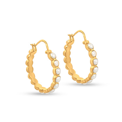 Isha Pearl: Small Golden Hoops with Pearl-Like Stone
