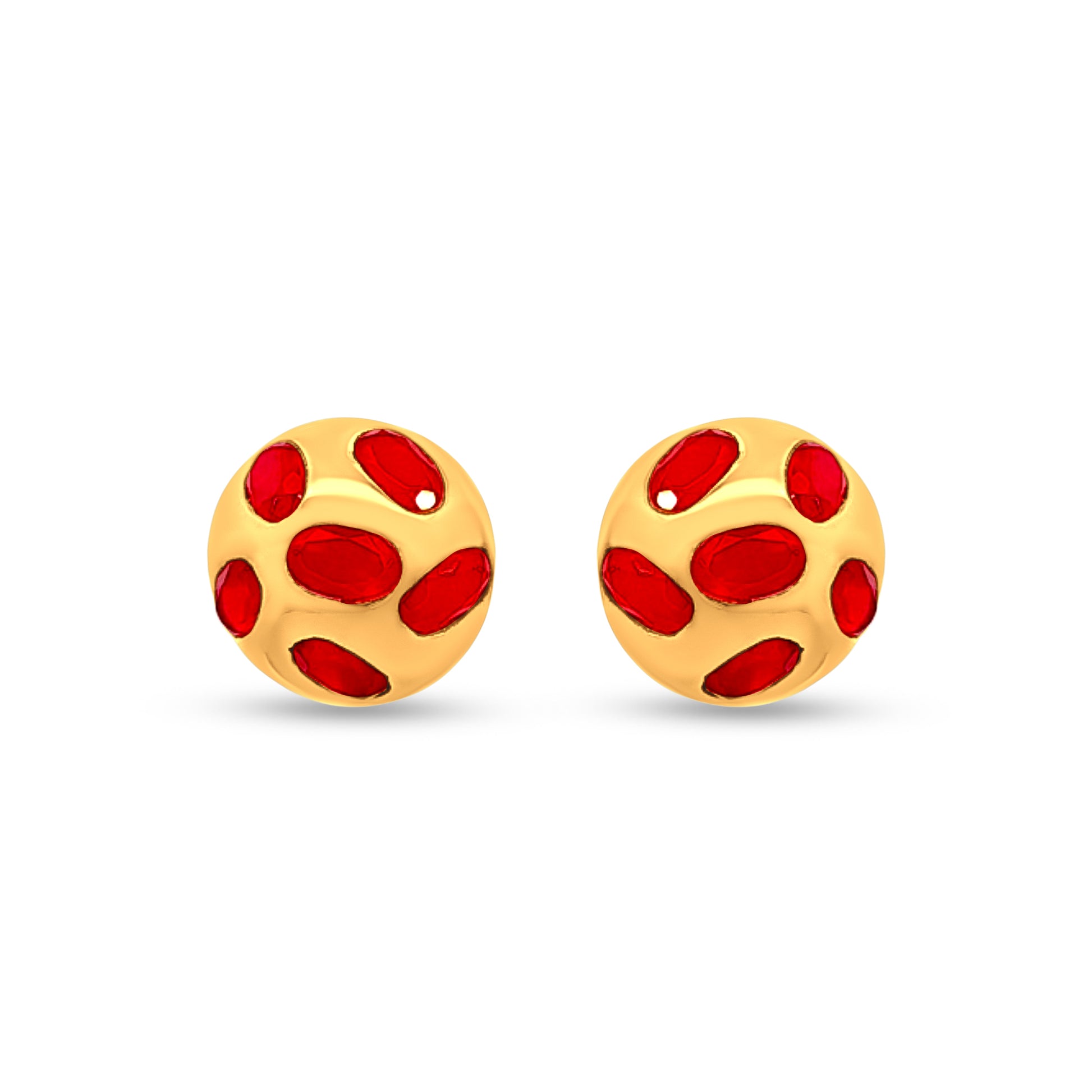 Gold Dome 925 Silver Stud Earrings with Red Stones