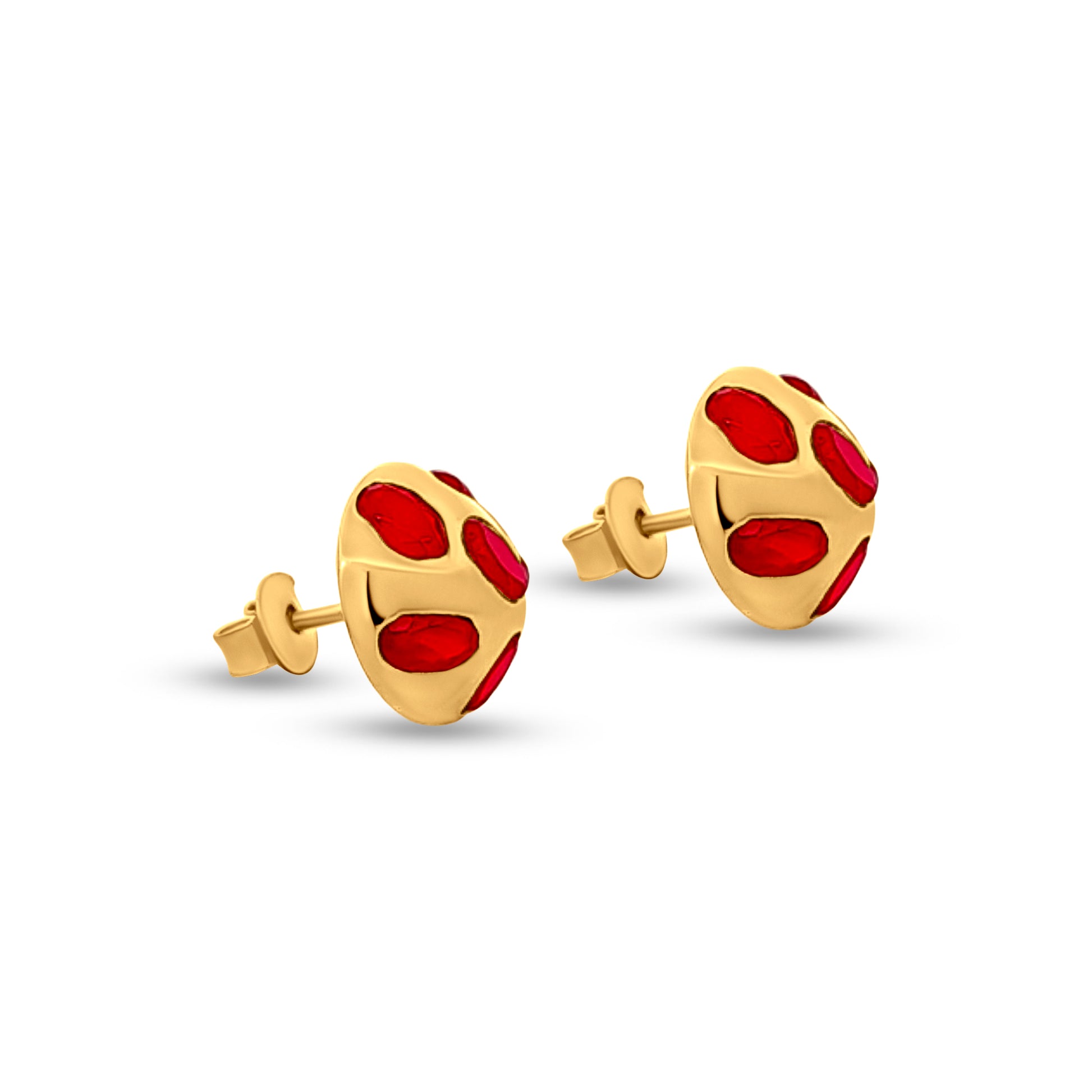 Gold Dome 925 Silver Stud Earrings with Red Stones