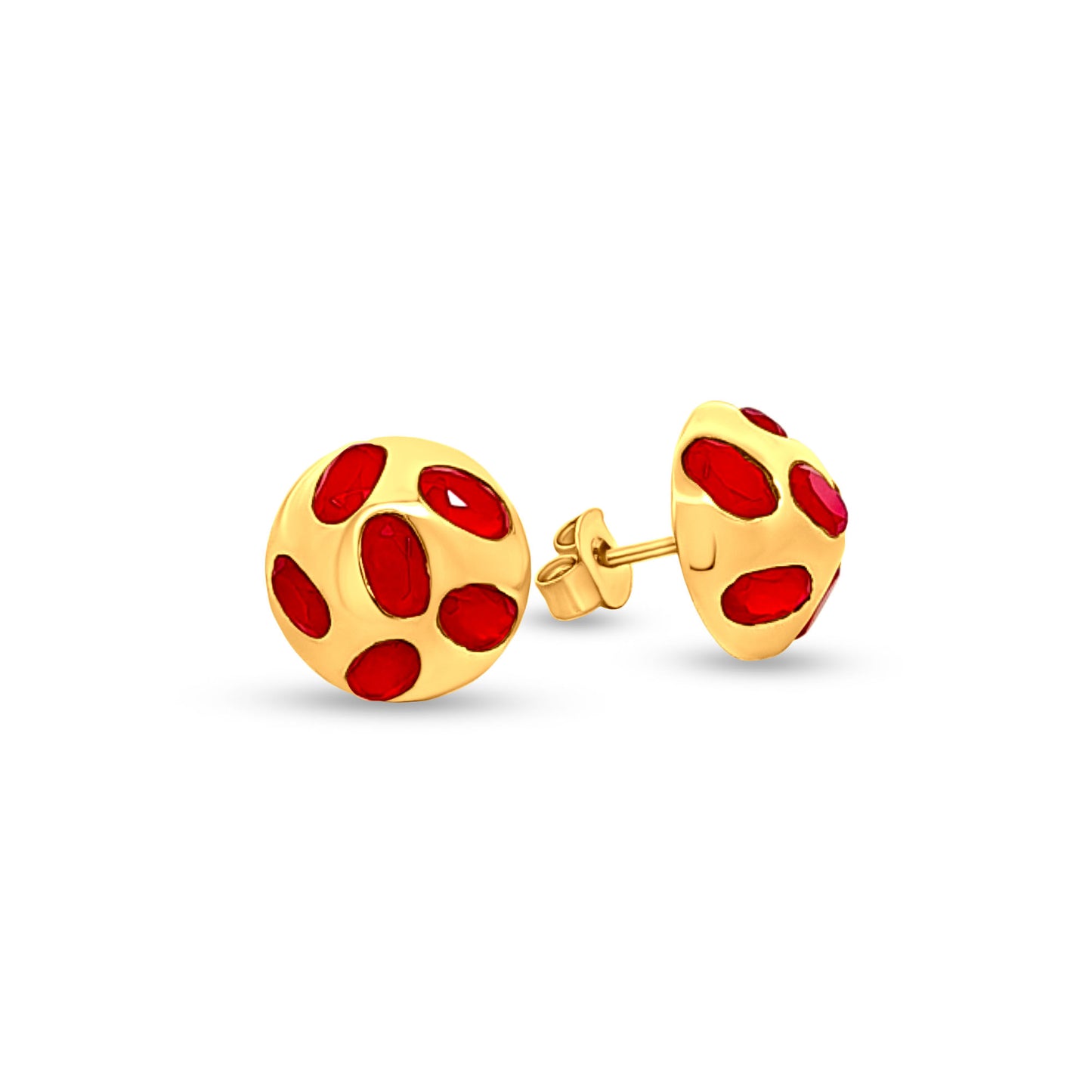 Gold Dome 925 Silver Stud Earrings with Red Stones