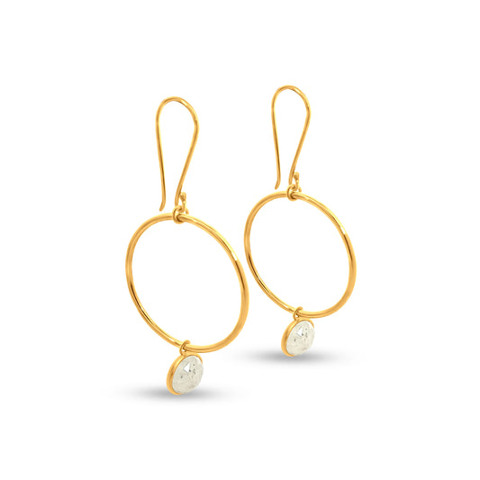 Amaira- French Post Hoop Earrings with Hanging White Crystals in Yellow Gold Tone