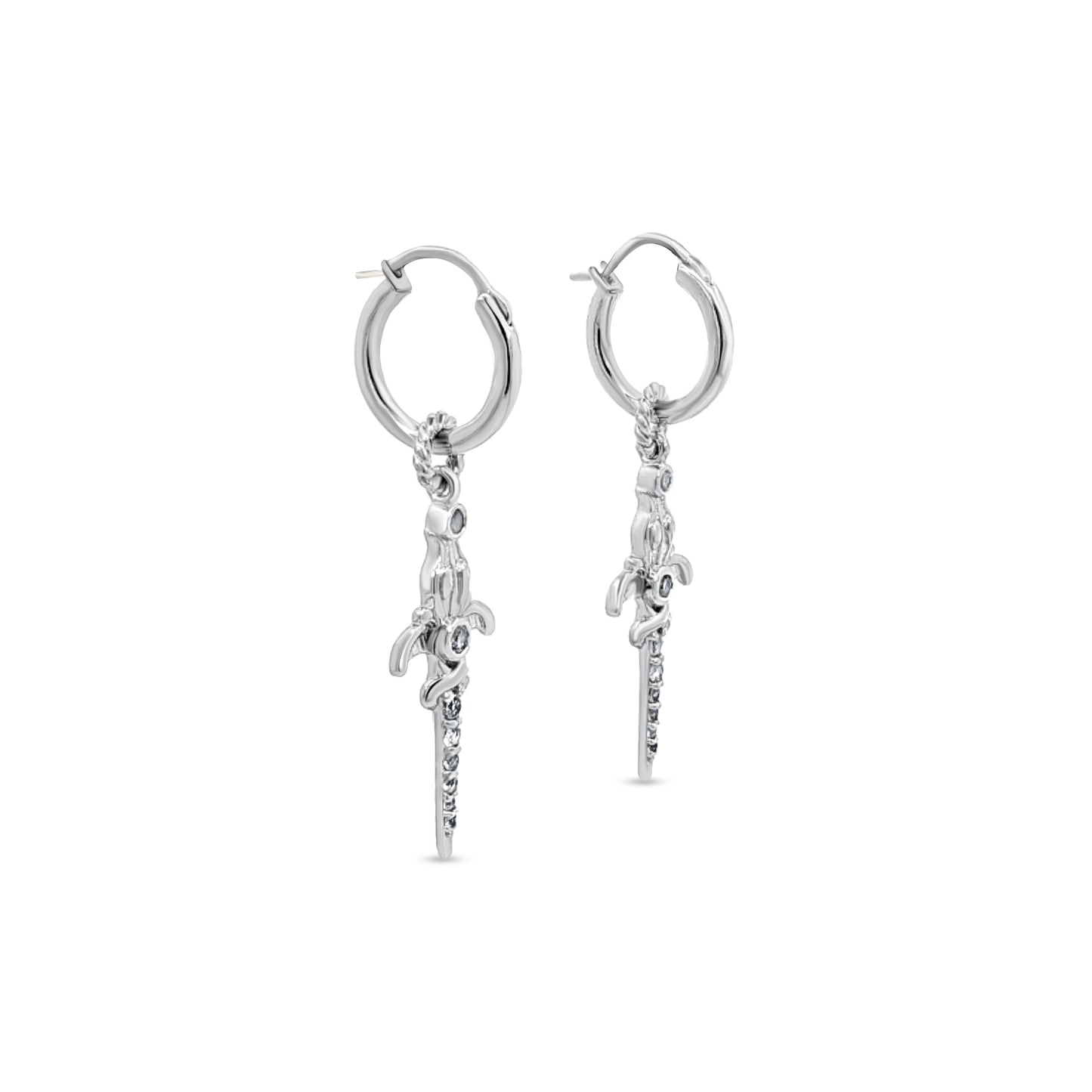 Kiara Huggie Hoops - Sterling Silver with Sword Charm