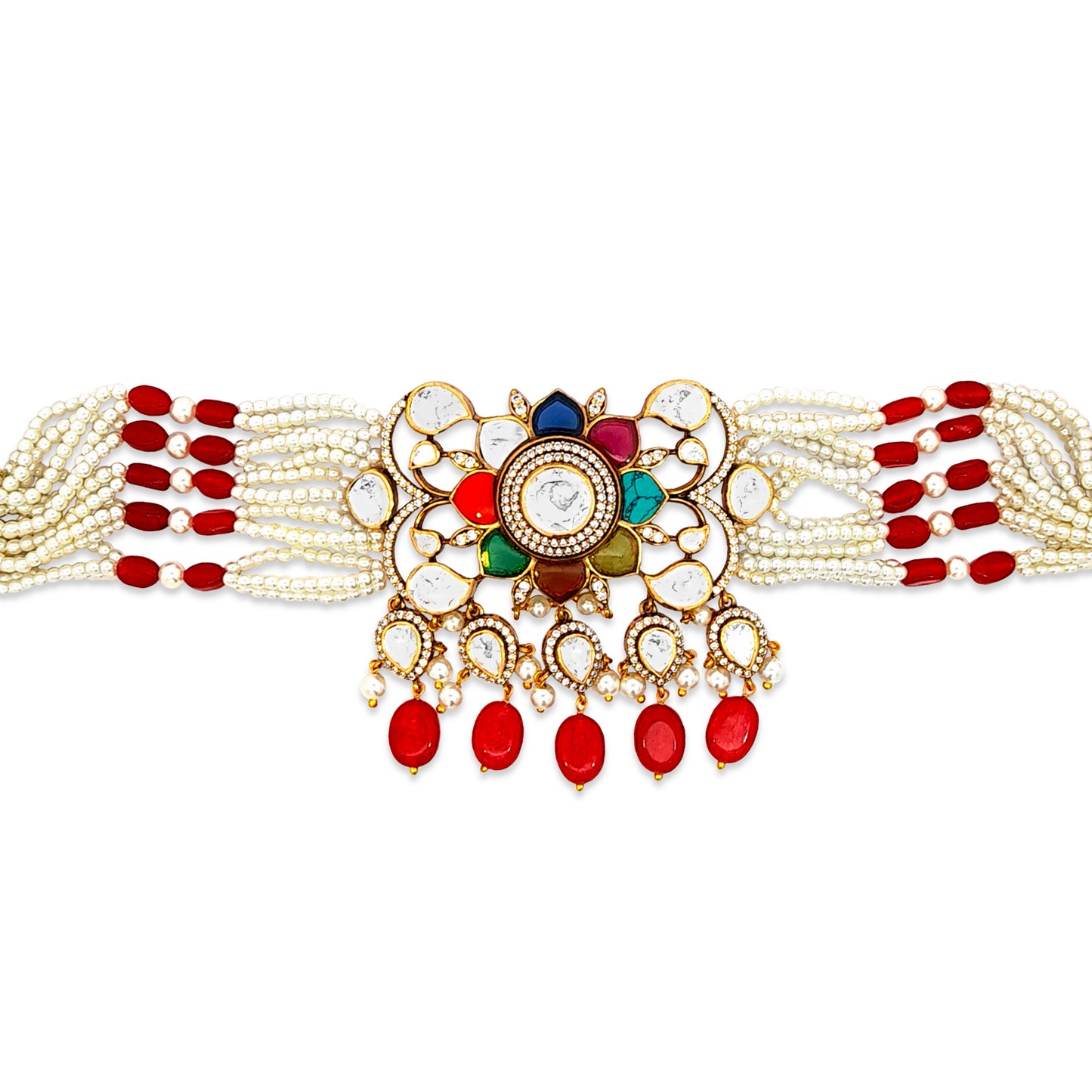 Ishita's Stunning 925 Silver Kundan Half Set with Carved Red Semi-Precious Stones