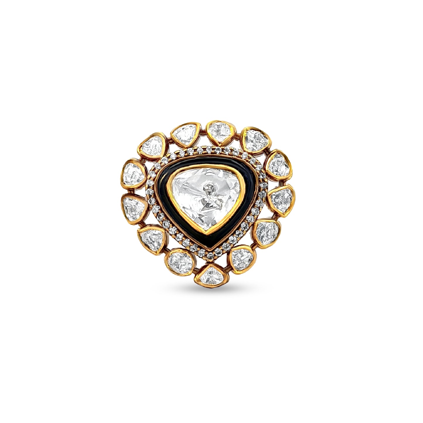 Kalpana's Free-Size 925 Silver Kundan Ring with Black Enamel and Stone Detailing