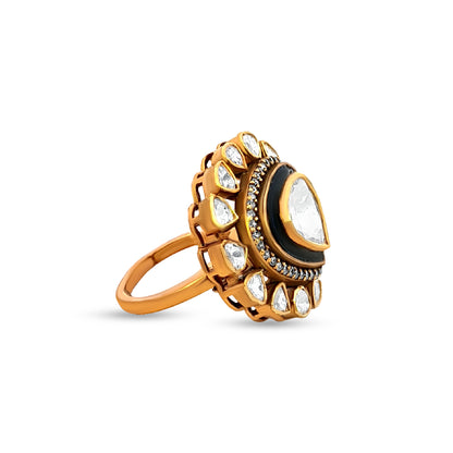 Kalpana's Free-Size 925 Silver Kundan Ring with Black Enamel and Stone Detailing