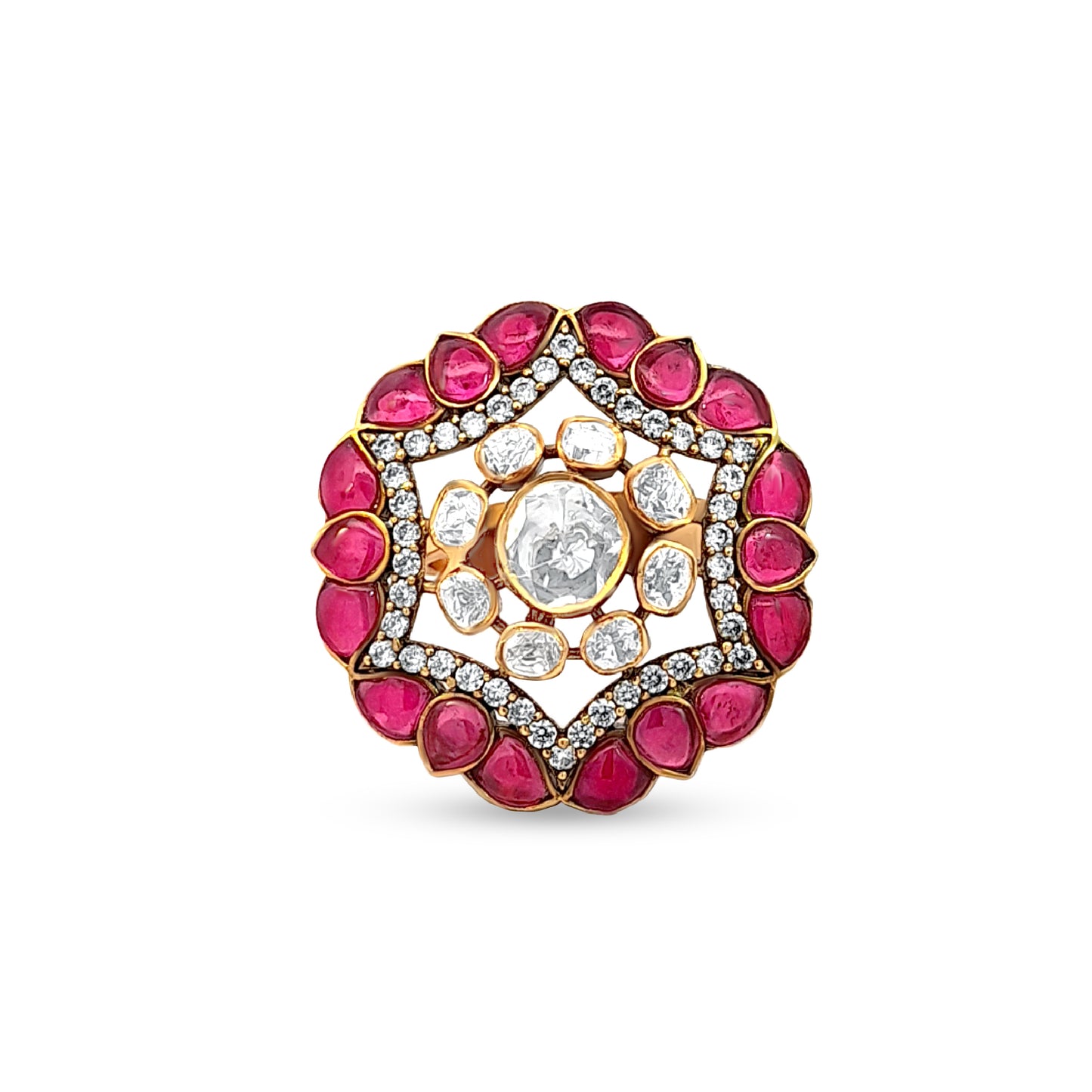 Ranjana's Bold 925 Silver Kundan Statement Ring with Rajwada Design