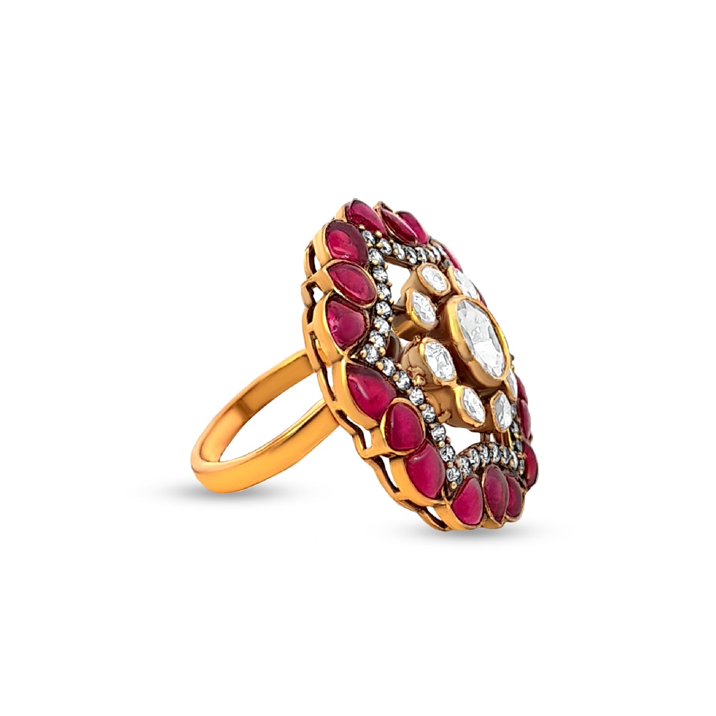 Ranjana's Bold 925 Silver Kundan Statement Ring with Rajwada Design
