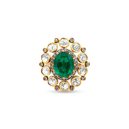 925 Silver Kundan Dome Ring with Green and White Stones