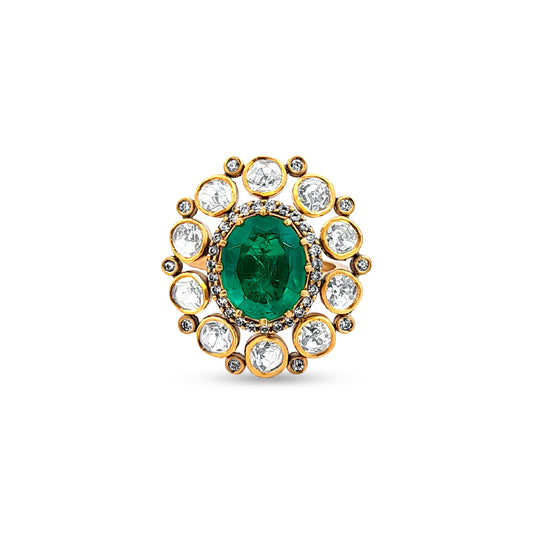 925 Silver Kundan Dome Ring with Green and White Stones