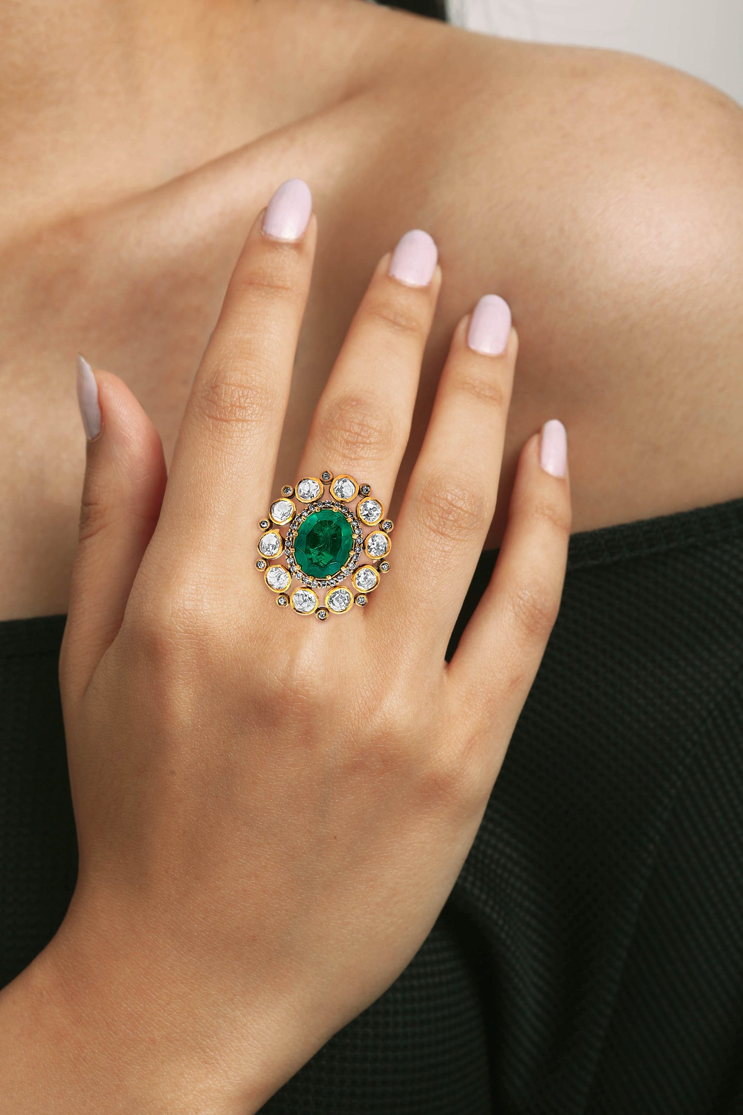 925 Silver Kundan Dome Ring with Green and White Stones