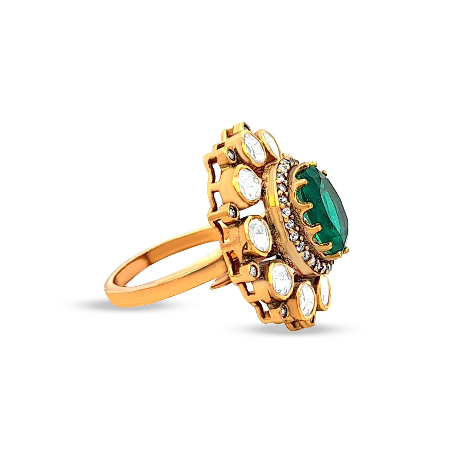 925 Silver Kundan Dome Ring with Green and White Stones