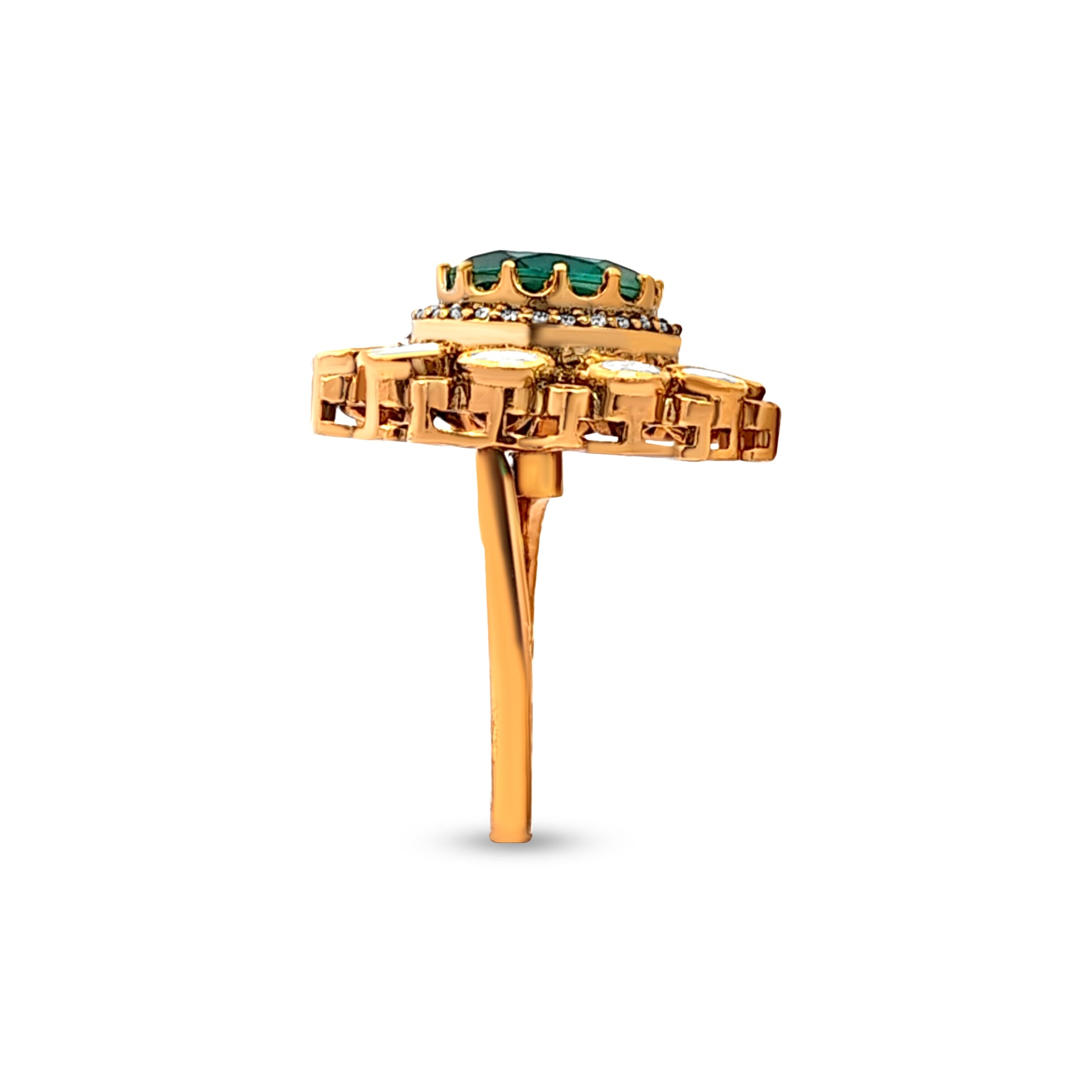 925 Silver Kundan Dome Ring with Green and White Stones