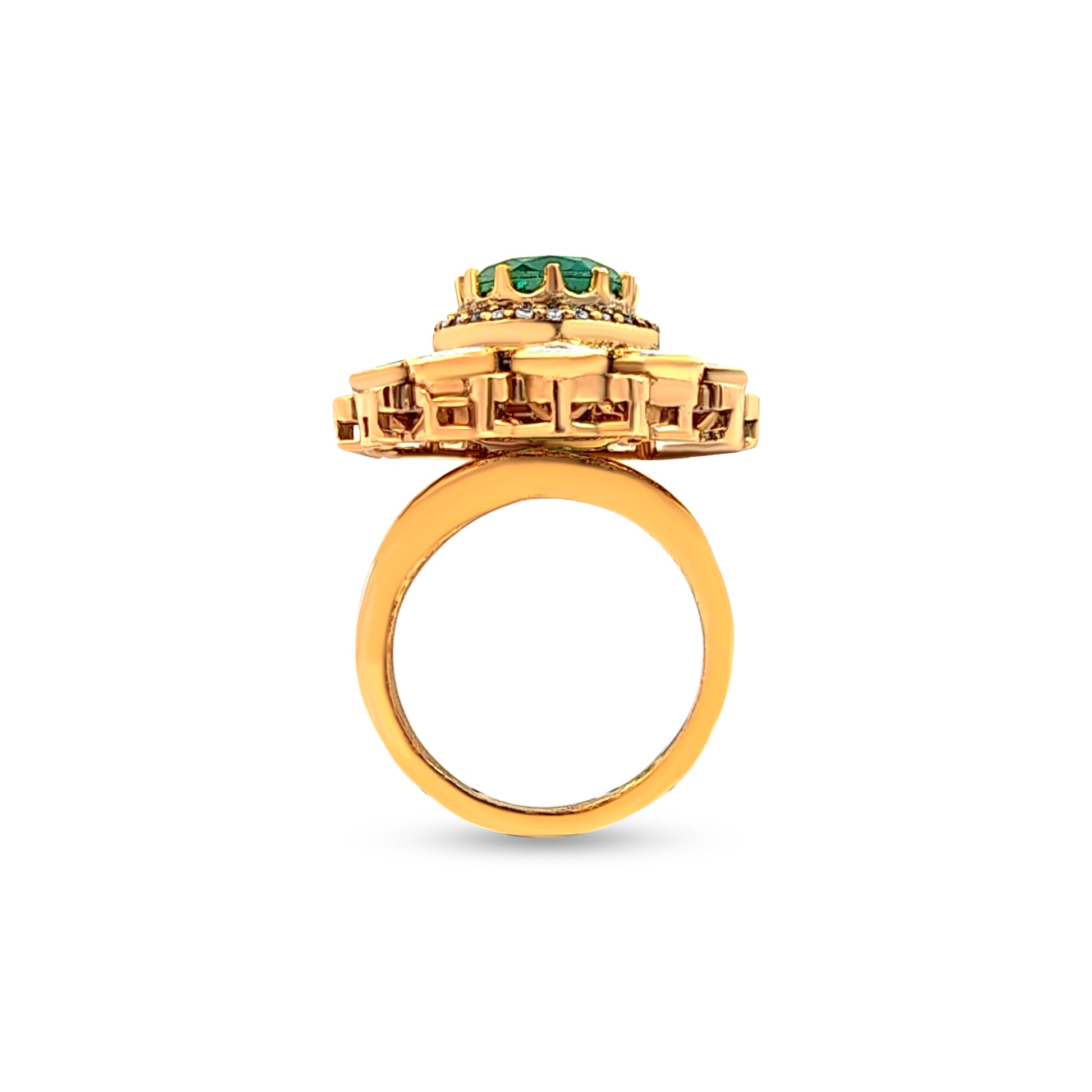 925 Silver Kundan Dome Ring with Green and White Stones