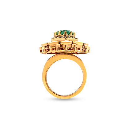 925 Silver Kundan Dome Ring with Green and White Stones