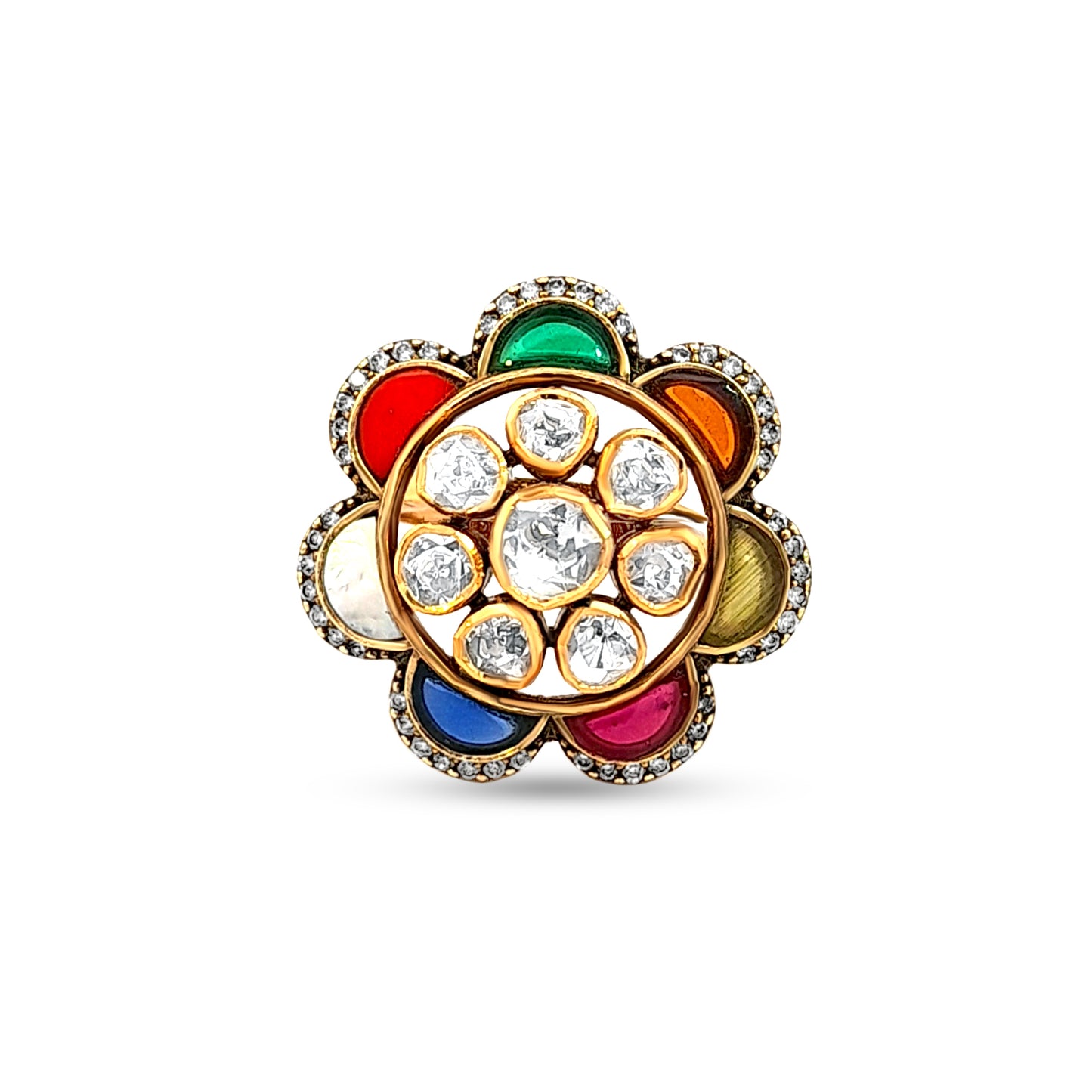 Ishita's Bold 925 Silver Kundan Cocktail Ring with Colorful Stones