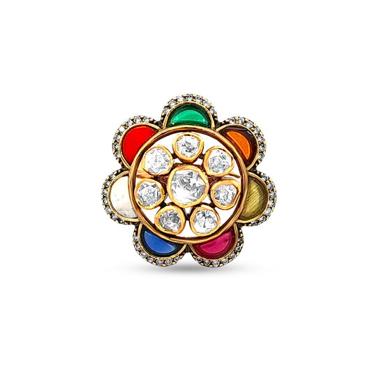 925 Silver Kundan Cocktail Ring with Colorful Stones