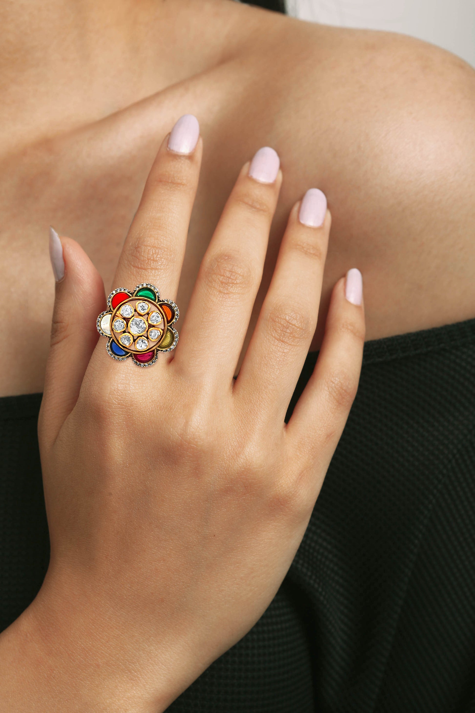 925 Silver Kundan Cocktail Ring with Colorful Stones