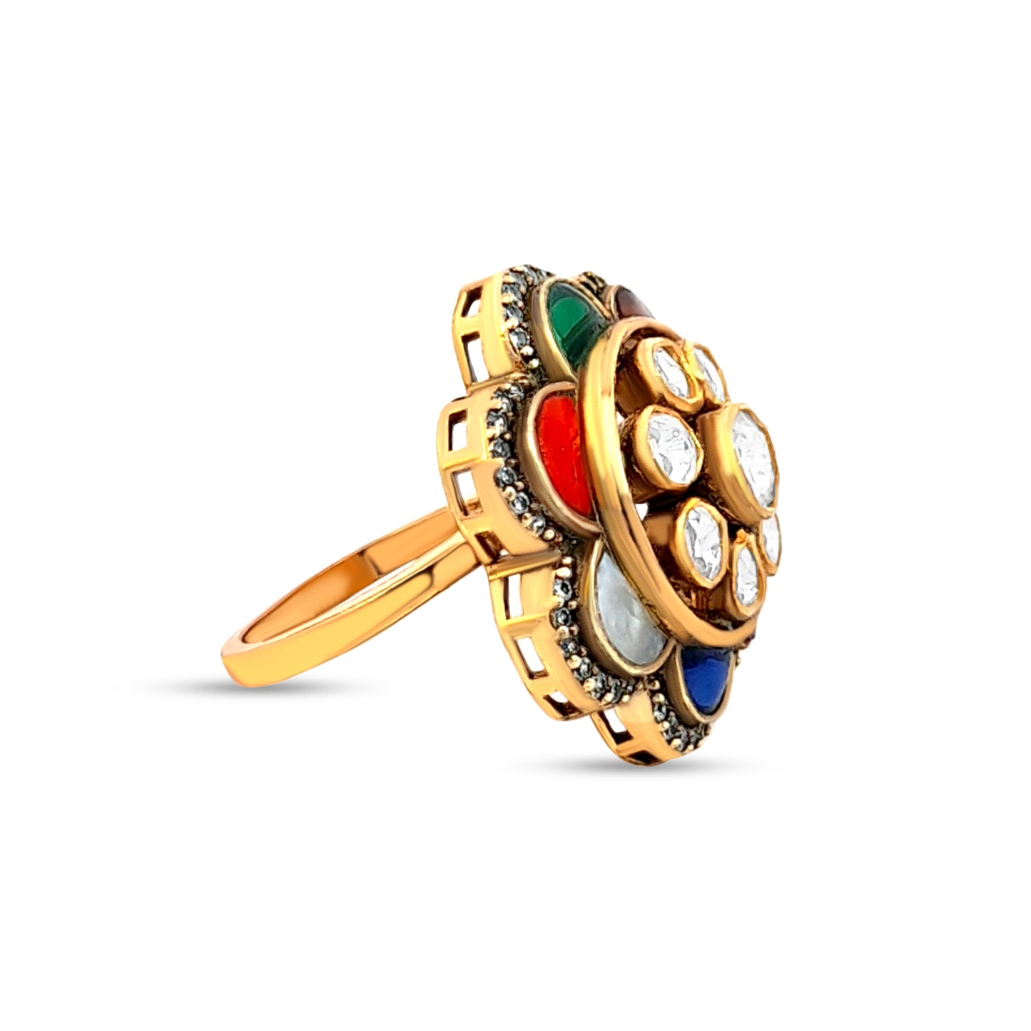 Ishita's Bold 925 Silver Kundan Cocktail Ring with Colorful Stones