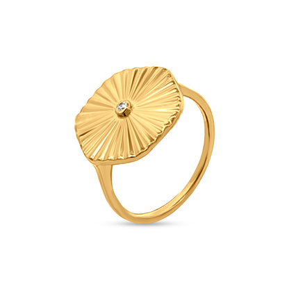 Kavya Ray: Sunburst Design Silver Ring with Center Stone & Yellow Gold Polish