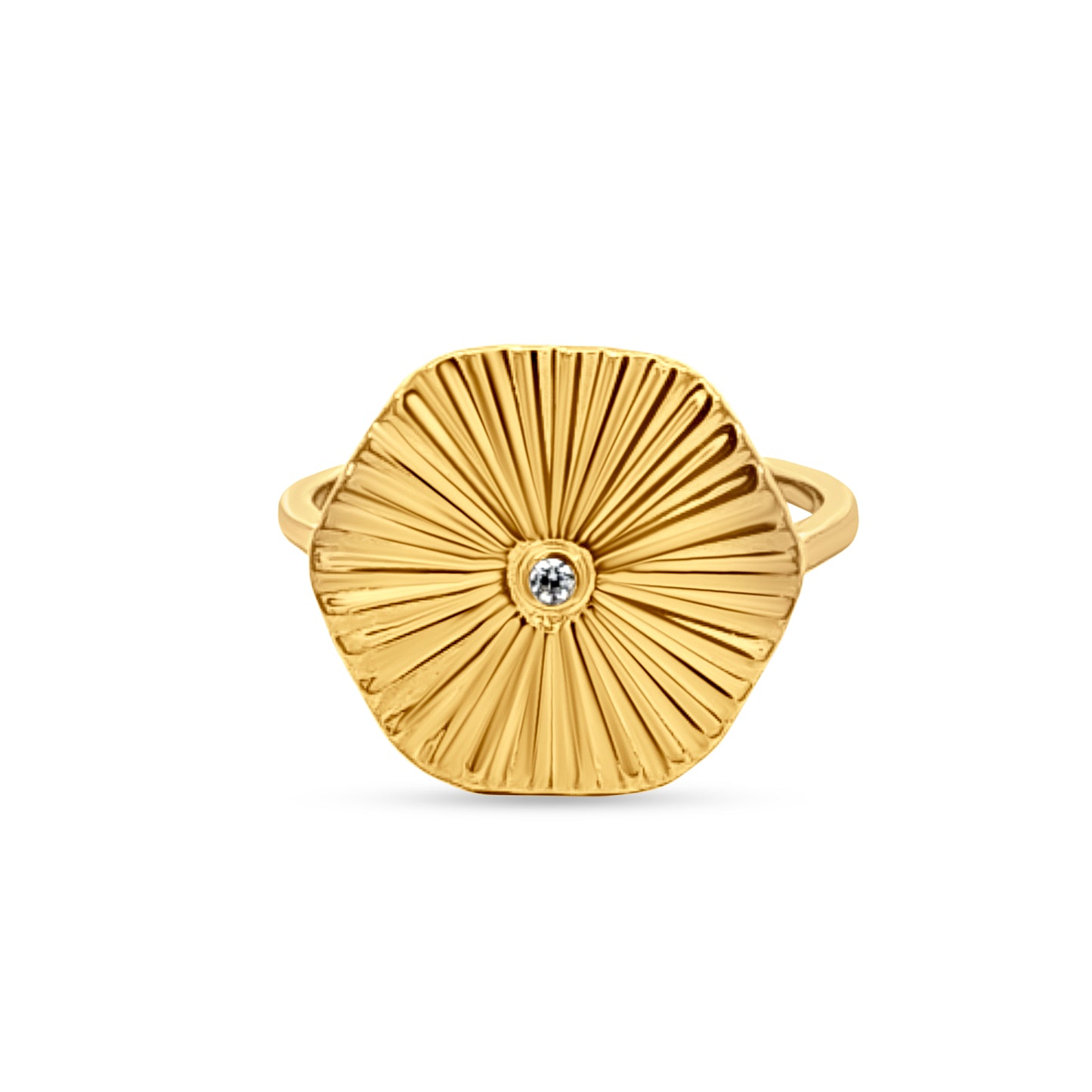 Kavya Ray: Sunburst Design Silver Ring with Center Stone & Yellow Gold Polish