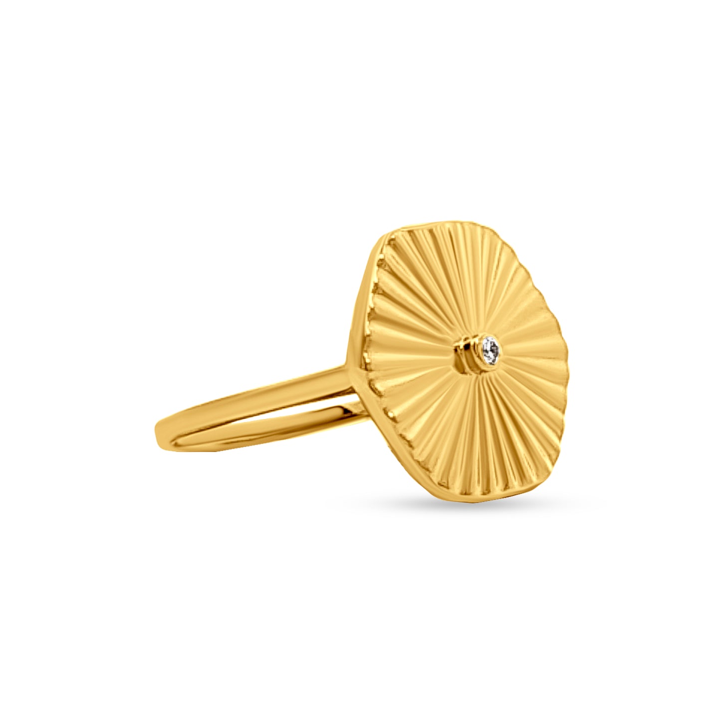 Kavya Ray: Sunburst Design Silver Ring with Center Stone & Yellow Gold Polish