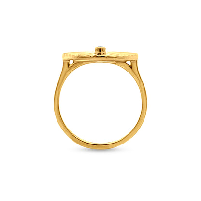 Kavya Ray: Sunburst Design Silver Ring with Center Stone & Yellow Gold Polish